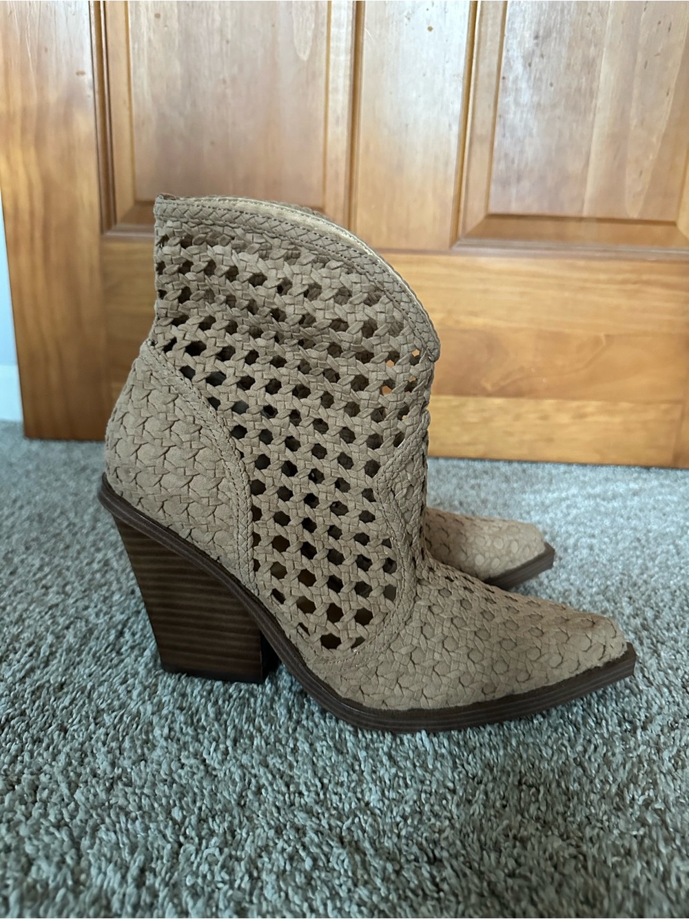 Jessica Simpson Tan Woven Peep Cutout Block Heel Booties - New, Never Worn